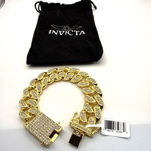 Invicta Mens Elements 18K GOLD Ultra Iced Out Cuban RHINESTONE Chain Bracelet